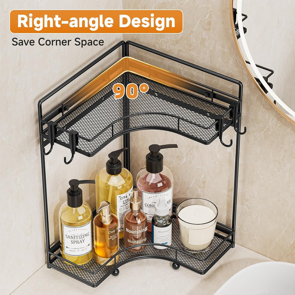 VITVITI 2-Tier Corner Bathroom Counter Organizer, Bathroom Countertop Organizer Storage for Sink, Metal Mesh Makeup Organizer for Vanity Countertop Kitchen with Hooks, Black