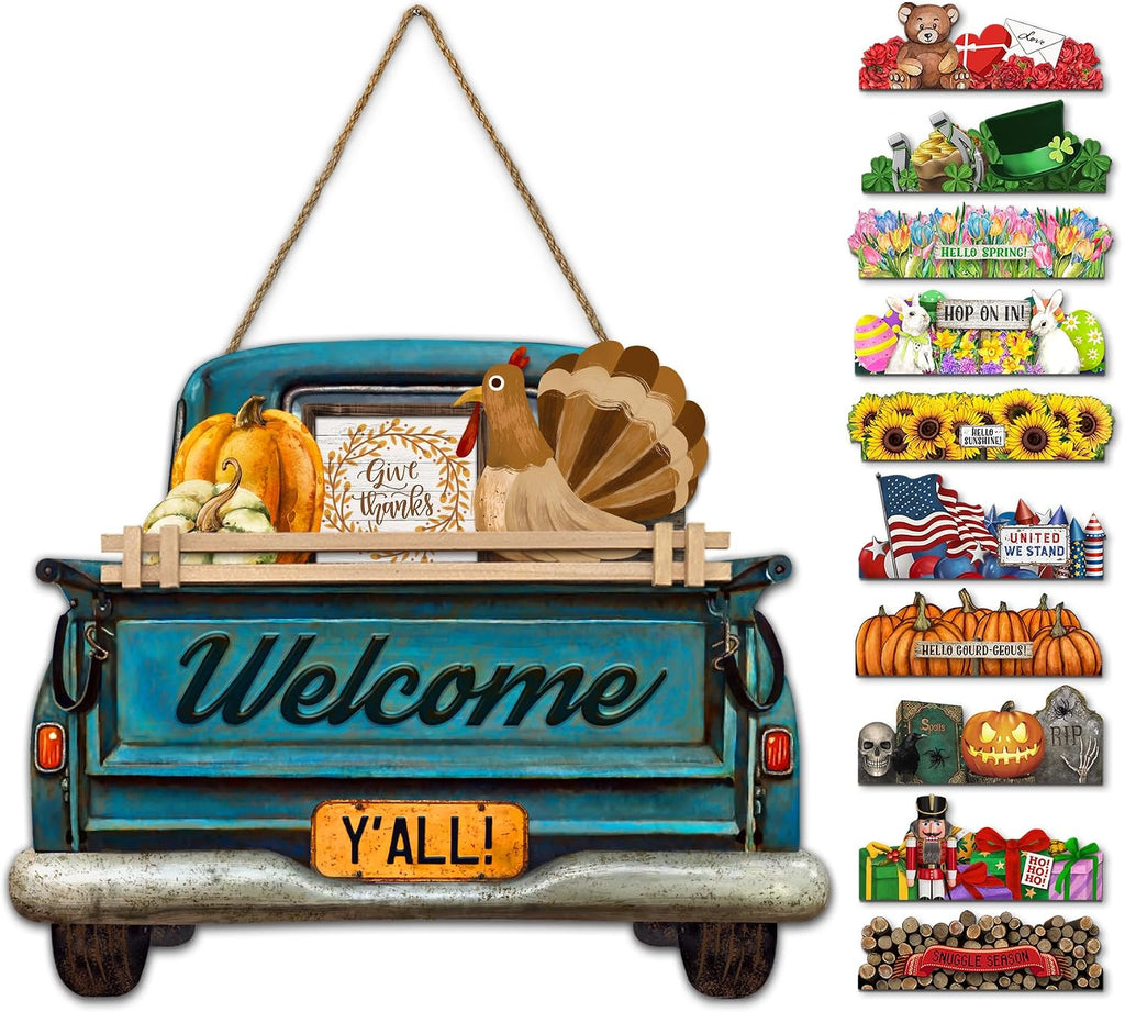 Interchangeable Welcome Sign for Front Door Blue Farmhouse Truck Decor Hanging Sign with 11 Interchangeable Seasonal and Holiday Decor Signs 12x14 in. (Blue Farmhouse Truck)