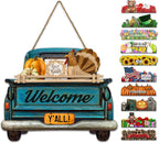 Interchangeable Welcome Sign for Front Door Blue Farmhouse Truck Decor Hanging Sign with 11 Interchangeable Seasonal and Holiday Decor Signs 12x14 in. (Blue Farmhouse Truck)