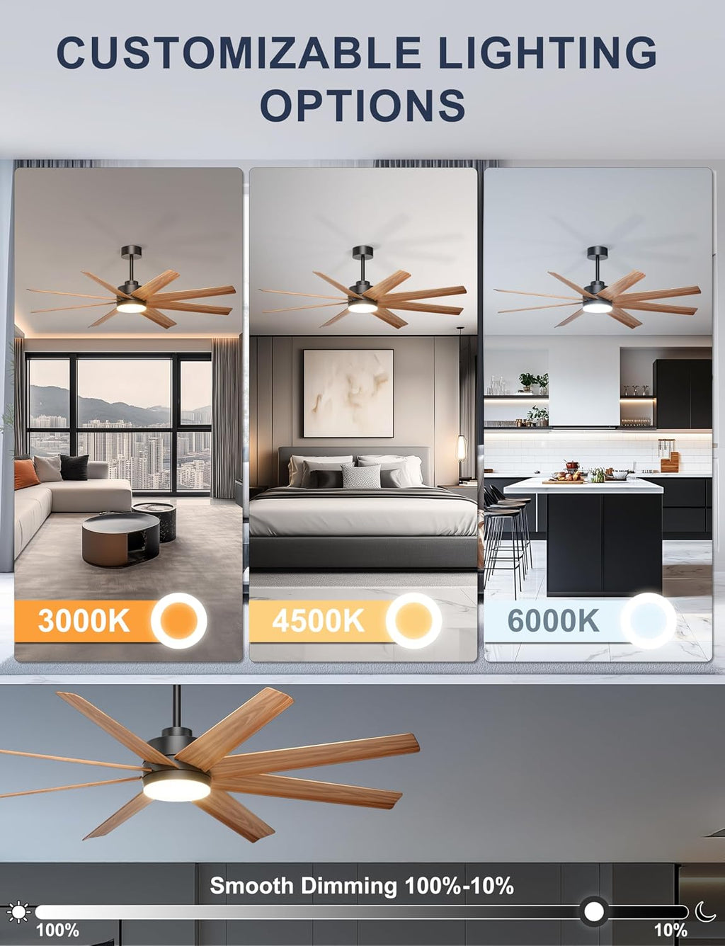 Ohniyou 60" Modern Farmhouse Ceiling Fan with Light for Patio, Living Room