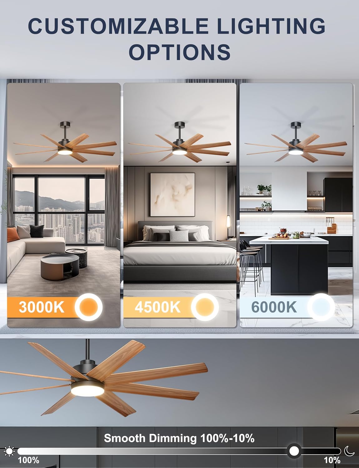 Ohniyou 60" Modern Farmhouse Ceiling Fan with Light for Patio, Living Room