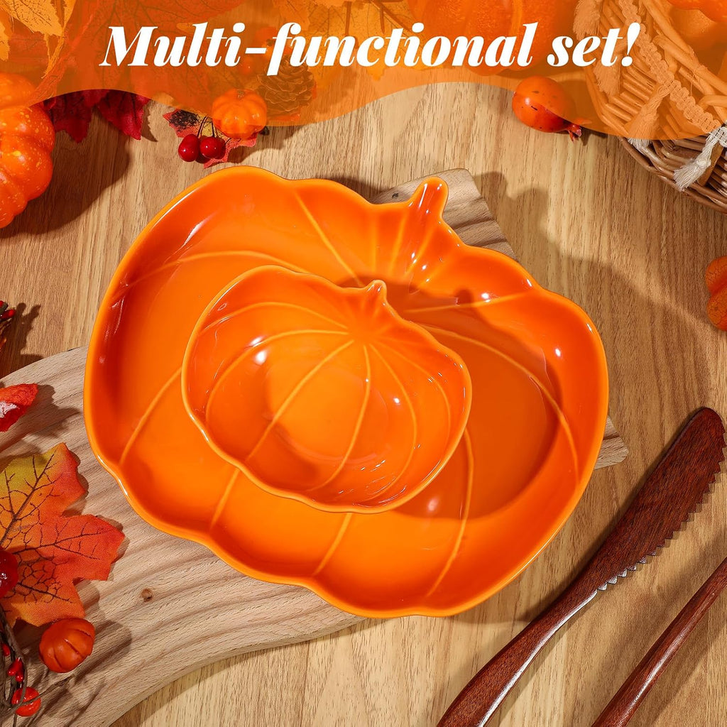 Tioncy 4 Pcs 9 Inch Pumpkin Shaped Plates and 5 Inch Fall Ceramic Bowls Set