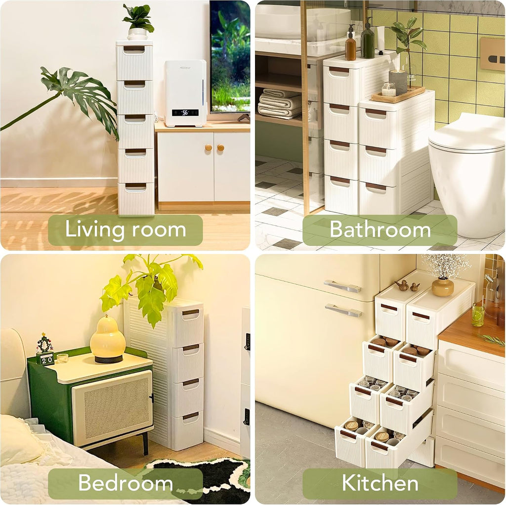 Narrow Bathroom Storage Cabinet with 5 Drawers, 7.5-Inch Wide, White