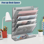 Desk File Organizer Mesh 6-Tier, Hanging Wall Mount Document Organization Stand, Desktop Vertical Mail Paper Folder Holder Rack with Bottom Tray for Office Home Cubicle Countertop, Gray
