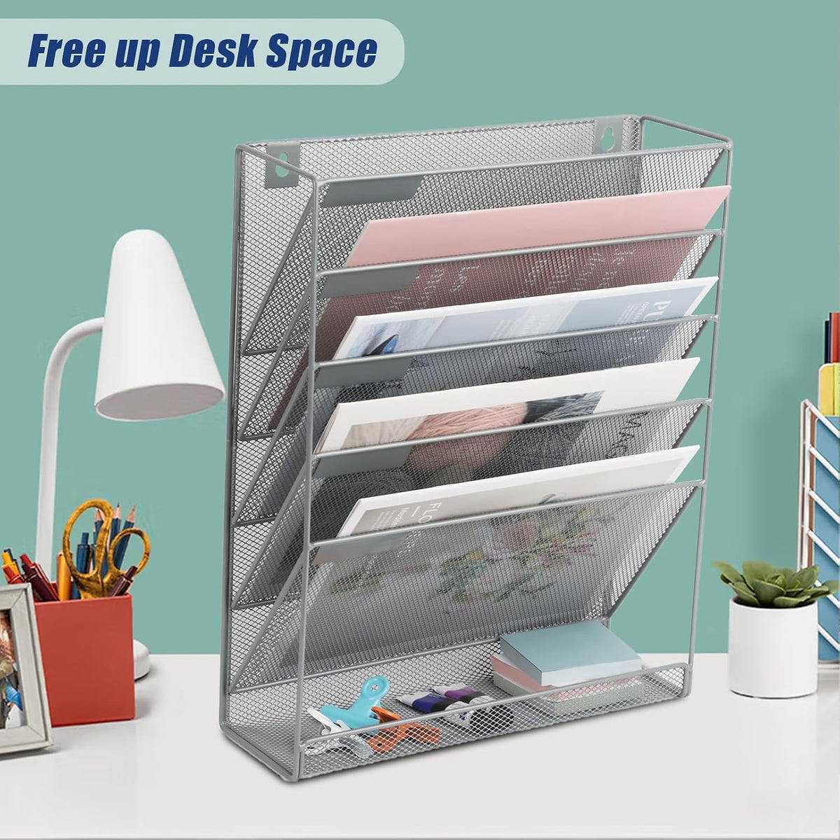 Desk File Organizer Mesh 6-Tier, Hanging Wall Mount Document Organization Stand, Desktop Vertical Mail Paper Folder Holder Rack with Bottom Tray for Office Home Cubicle Countertop, Gray