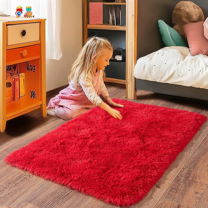 Small Area Rug, 2x3 Red Rug for Bedroom Shaggy Throw Rugs for Girls Room - Image 4