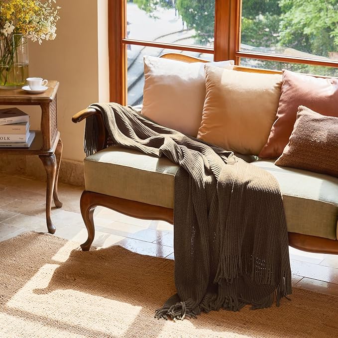 lifein Throw Blanket for Couch, Soft Boho Decor Bed Throw, Cozy Brown Knitted - Image 8
