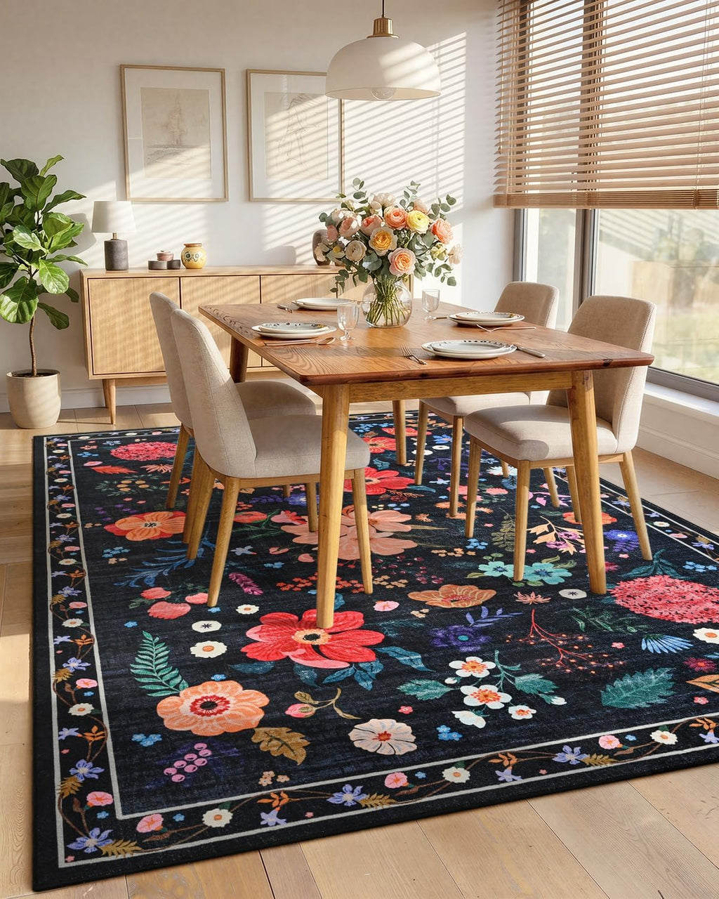 Macgace Floral Area Rug for Living Room, Machine Washable 5x7 Black Rugs