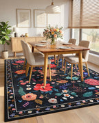 Macgace Floral Area Rug for Living Room, Machine Washable 5x7 Black Rugs