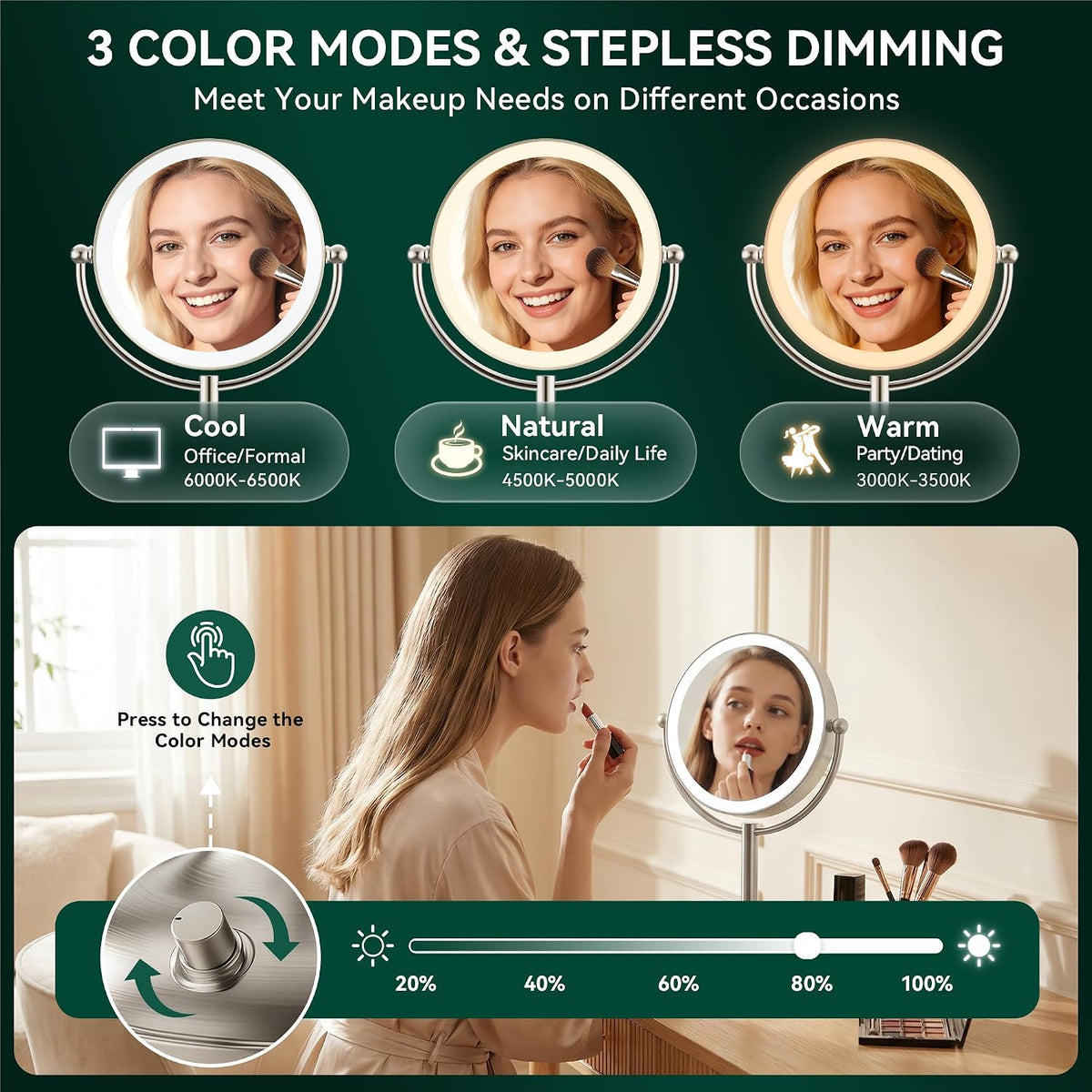 Auxmir 9" 5000mAh Magnifying Mirror with Light, 1X/30X Makeup Mirror