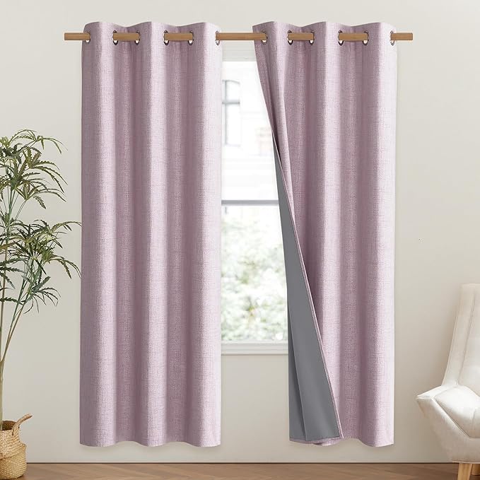 NICETOWN Pink Vintage Linen 100% Blackout Curtains - Image 2