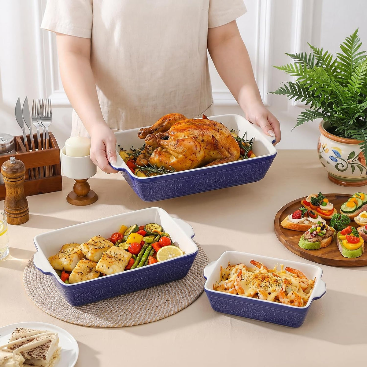 SOUJOY Set of 3 Ceramic Bakeware Set, Rectangular Baking Dishes with Handle