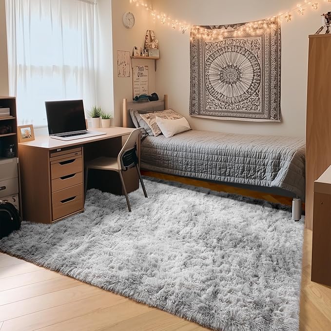 ONASAR Area Rugs for Bedroom Living Room, 4x6 Tie-Dyed Light Grey Fluffy Shaggy - Image 4