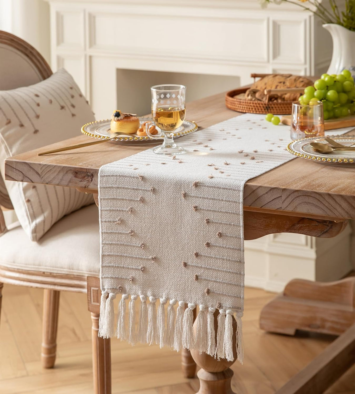 Caflife Taupe Beige Cotton Linen Rustic Boho Table Runner 13 x 90 Inch Long