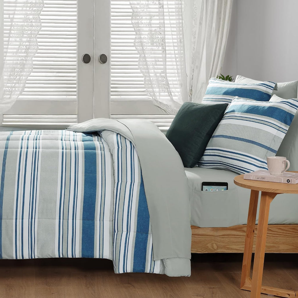 Monbix Queen Comforter Set-7 Pieces Striped Bed in a Bag Queen Bedding Sets