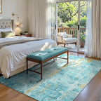 Area Rug 4x6 Teal Blue Rug Washable Boho Rugs Non Slip Low Pile Abstract Small - Image 2