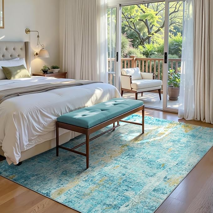 Area Rug 4x6 Teal Blue Rug Washable Boho Rugs Non Slip Low Pile Abstract Small - Image 2
