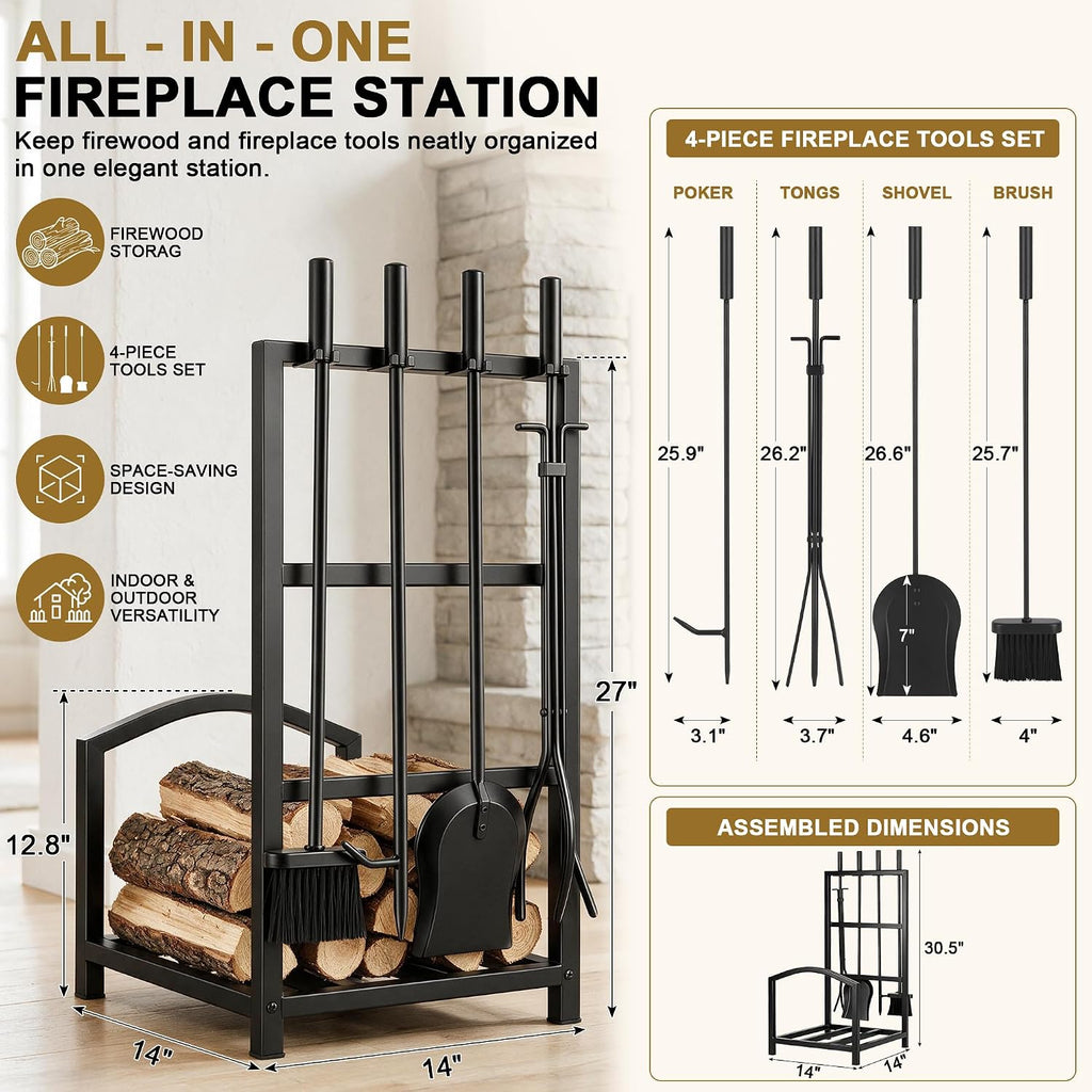 Fireplace Tools Set with Log Rack Holder, Heavy-Duty Steel Frame