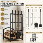 Fireplace Tools Set with Log Rack Holder, Heavy-Duty Steel Frame