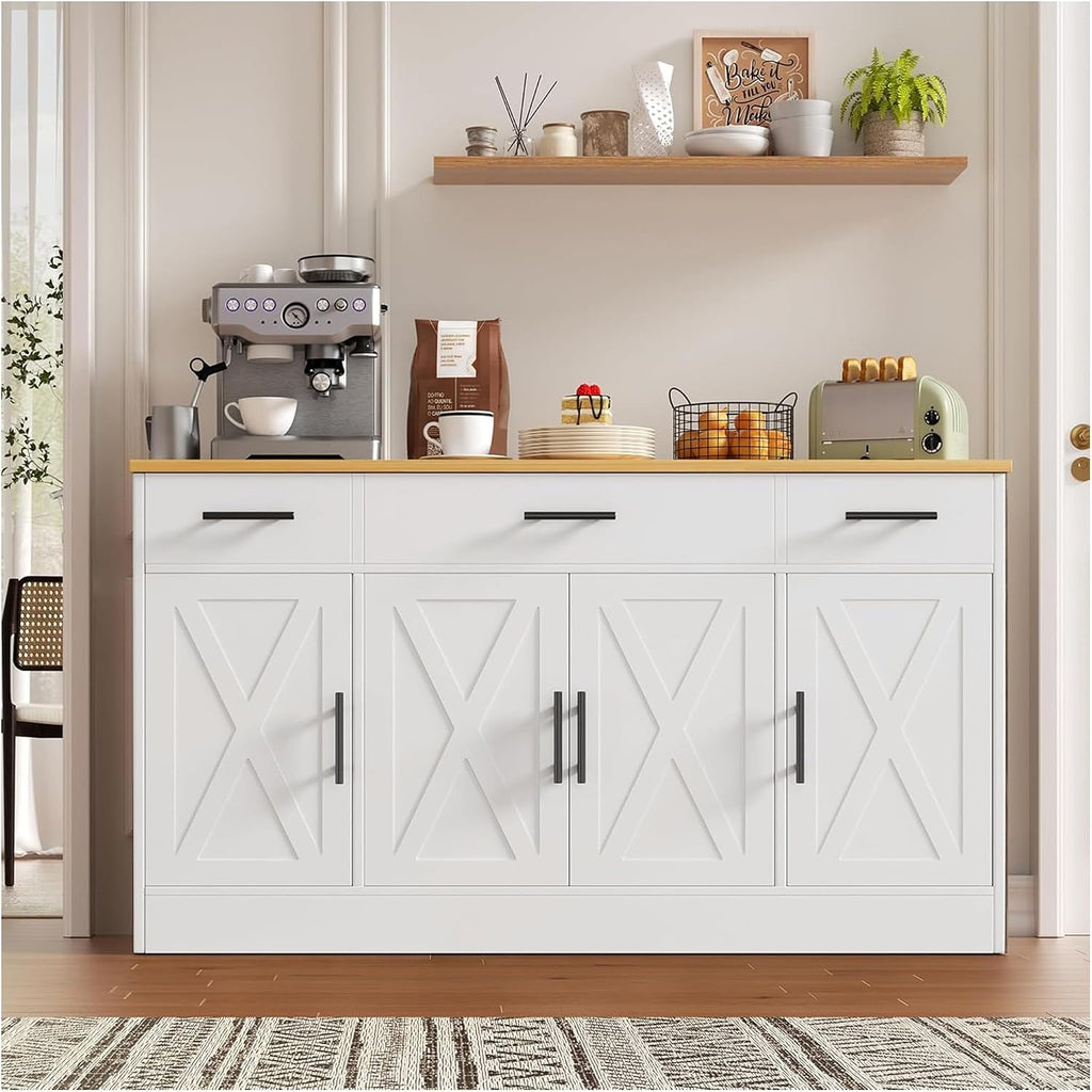 Vongrasig Buffet Cabinet with Storage, Farmhouse Coffee Bar Cabinet with Drawers, 53” Large Modern Sideboard Buffet with Adjustable Shelves for Kitchen, Dining Room, White