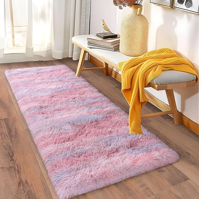 Soft Runner Rugs for Bedroom Hallways, 2x5 Abstract Pink Fluffy Shag Throw Area - Image 3