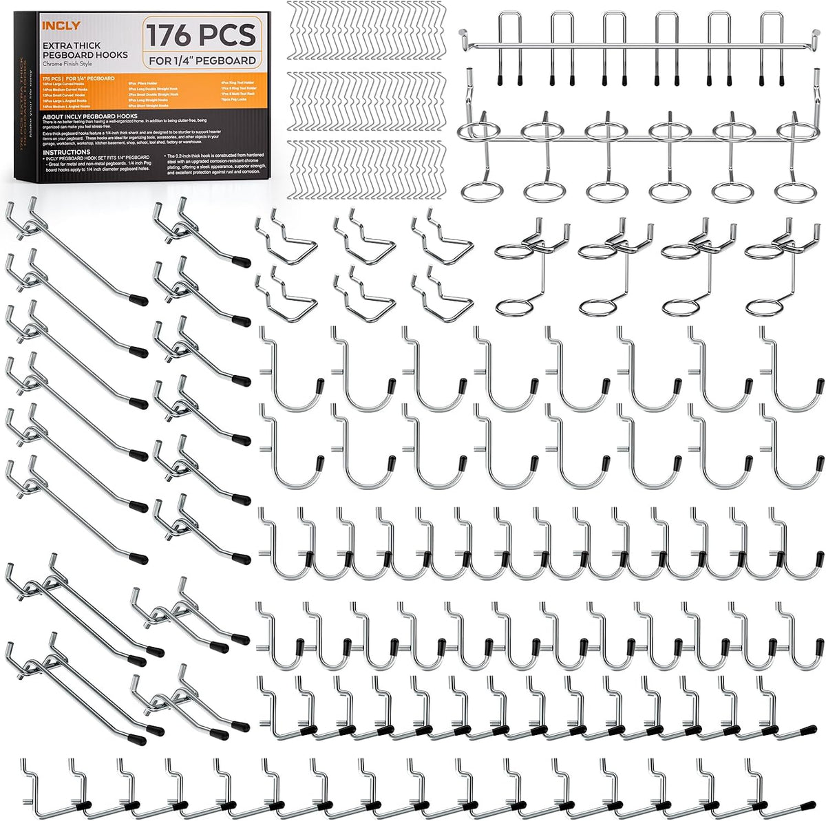 INCLY 176PCS Black Pegboard Hooks with Peg Locks, 1/4" Heavy Duty Metal