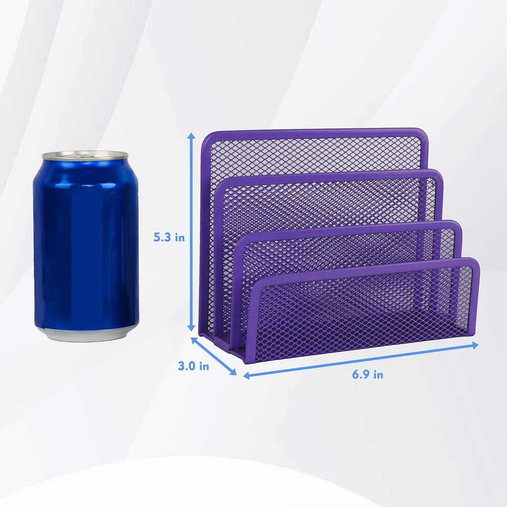 Desk Mail Organizer, Office Small Desktop Metal Mesh Envelope Letter Sorter Paper File Holder Organizer with 3 Vertical Upright Compartments, Purple 2 Pack