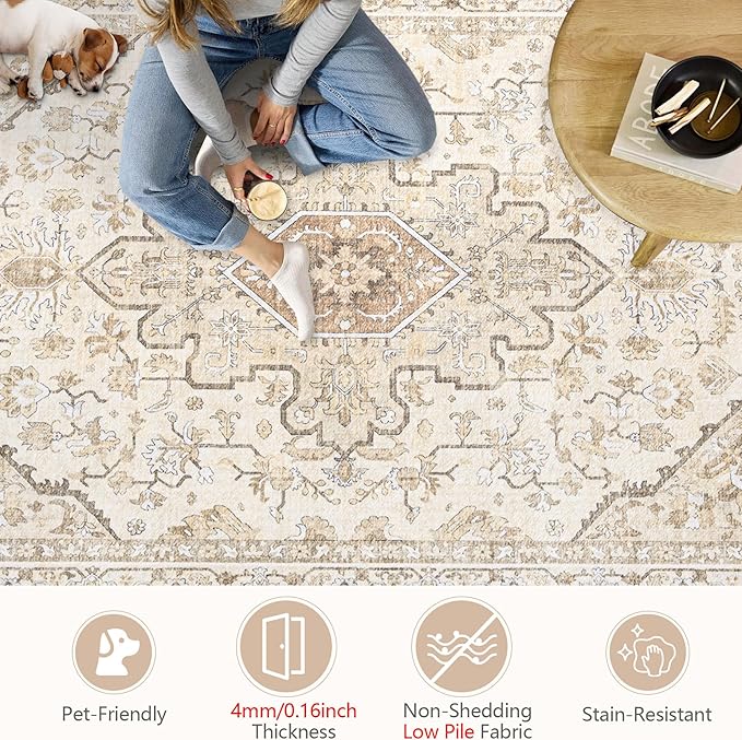 Area Rugs 8x10 Vintage Rug: Large Washable Living Room Rug Retro Medallion - Image 6