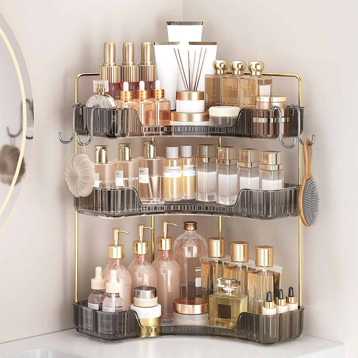 Bathroom Counter Organizer 3-Tier Corner Organizer with Hooks