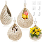 Boho Decor Hanging Fruit Baskets for Kitchen - 3 Pack Wall Hanging Basket with 6 Pcs Strong Hooks, Handwoven Hanging Holder Teardrop Produce Basket for Fruits Vegetable Potato Onion Storage (Linen)