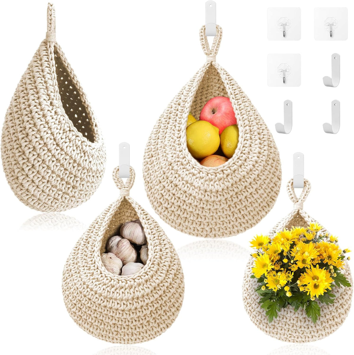 Boho Decor Hanging Fruit Baskets for Kitchen - 3 Pack Wall Hanging Basket with 6 Pcs Strong Hooks, Handwoven Hanging Holder Teardrop Produce Basket for Fruits Vegetable Potato Onion Storage (Linen)