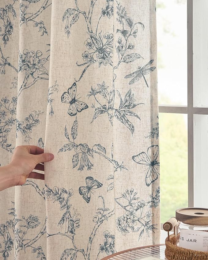 jinchan Floral Linen Curtains for Living Room 84 Inch Length Butterfly Curtain - Image 3