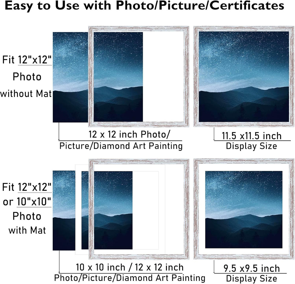 JCJMY 12x12 Picture Frame Rustic White with 10x10 Mat for 30 x 30cm Diamond Art Painting, Display Photo 12 x 12 Without Mat, Wall Hanging Large Frame with Plexiglass