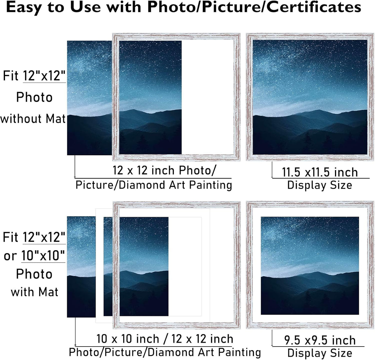 JCJMY 12x12 Picture Frame Rustic White with 10x10 Mat for 30 x 30cm Diamond Art Painting, Display Photo 12 x 12 Without Mat, Wall Hanging Large Frame with Plexiglass