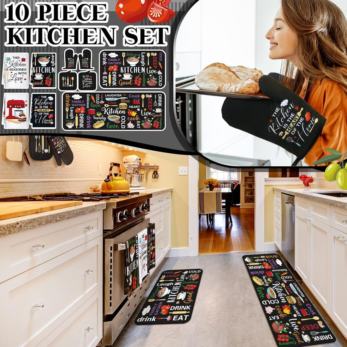 Fourluoo 10 Pcs Black Food Kitchen Decor and Accessories Set