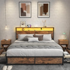 Lifezone Queen Bed Frame with 2-Tier Storage Headboard, Metal Platform Bed Frame with 4 Storage Drawers, Built in Charging Station & LED, Noise-Free/Metal Support/No Box Spring Needed, Vintage Brown