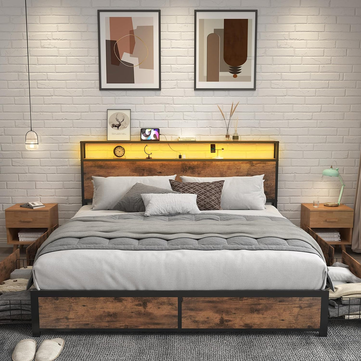 Lifezone Queen Bed Frame with 2-Tier Storage Headboard, Metal Platform Bed Frame with 4 Storage Drawers, Built in Charging Station & LED, Noise-Free/Metal Support/No Box Spring Needed, Vintage Brown