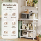 SUPERJARE Kitchen Bakers Rack with Power Outlet, Coffee Bar Table 4 Tiers, Kitchen Microwave Stand with 6 S-Shaped Hooks, Storage Shelf Rack for Spices, Pots and Pans - White