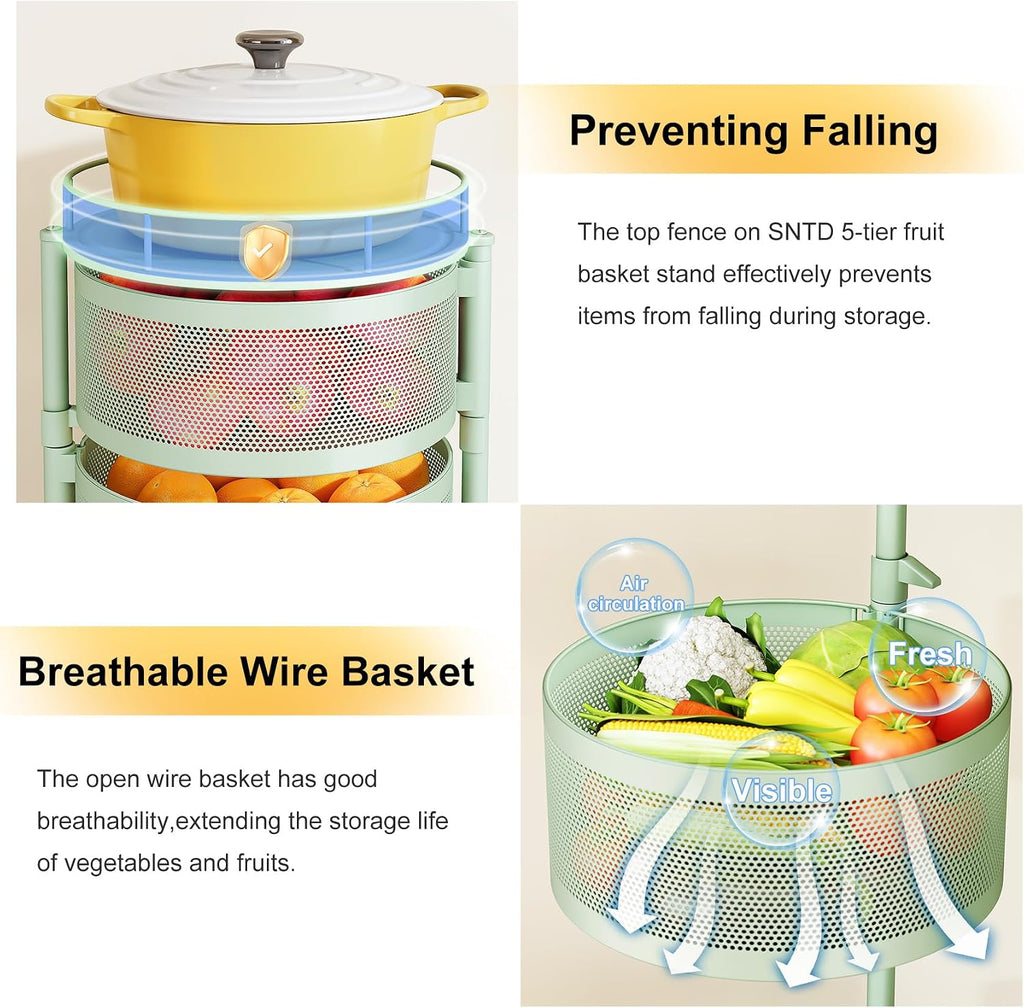 SNTD 5-Tier Fruit and Vegetable Basket Bowls for Kitchen, Rotating, Green