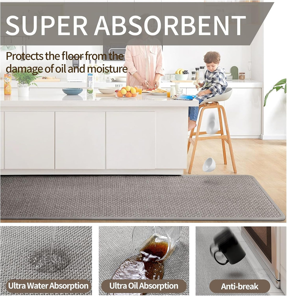 YDKGL Kitchen Rugs Kitchen Mats for Floor Non Slip Washable Gray 17"x30"