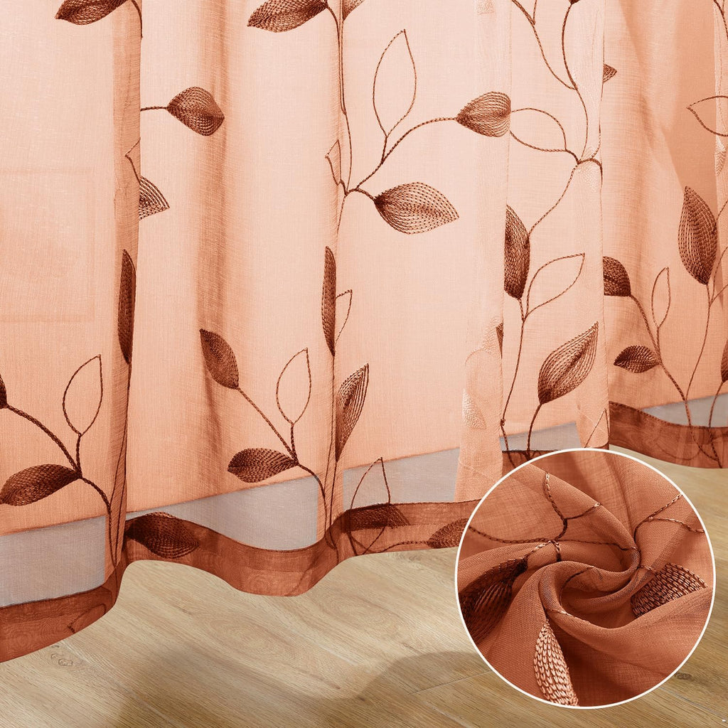 HOMEIDEAS Fall Burnt Orange Sheer Curtains Floral Leaf Embroidered, 52x63