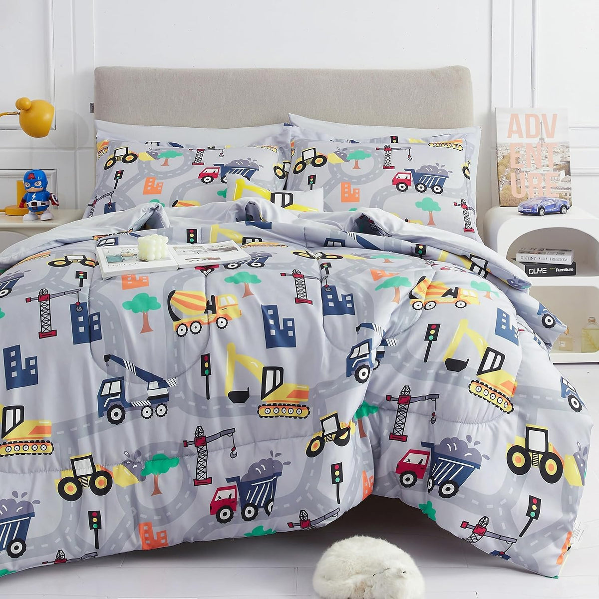 Mooreeke Kids Twin Comforter Sets for Boys 6 Pieces Excavator Grey Bedding Set for Teens Soft Microfiber Kids Bed in A Bag with Comforter, Sheet Set, Shams and Decorative Toy Pillow All Season