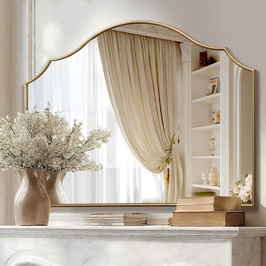 Besdomus Gold Scalloped Wall Mirror: 40"x29" Large Wooden Bathroom Mirror