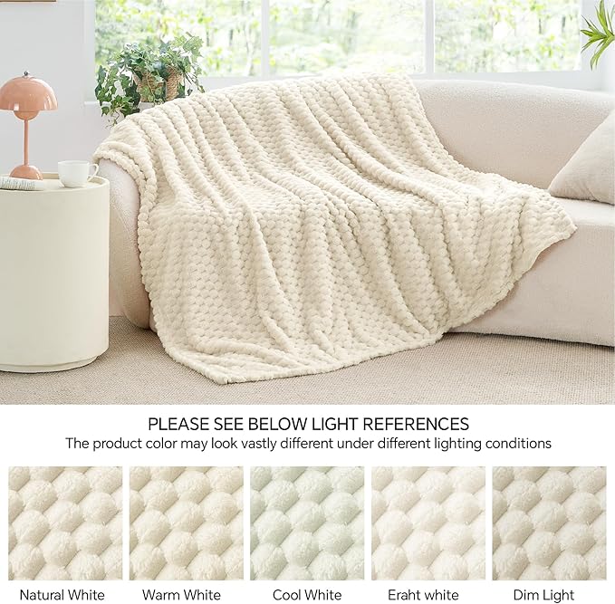 BEDELITE Fleece Blanket Twin for Bed Couch, 3D Jacquard Decorative Cream Throw - Image 6