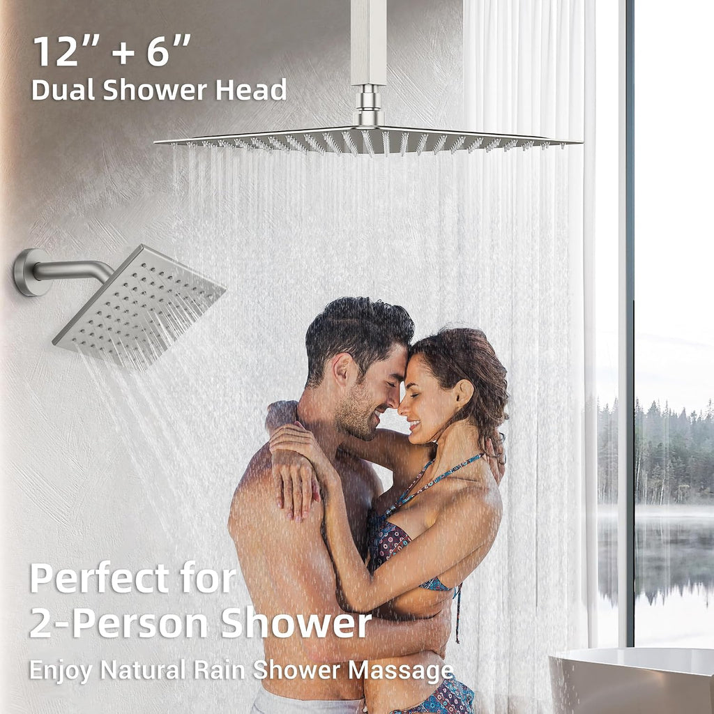 Dasan Brushed Nickel Dual Shower Heads System with Ceiling 12-Inch Rainfall Shower & Wall Mount 6-Inch High Pressure Shower Head, Full Body Dual Shower Head Set