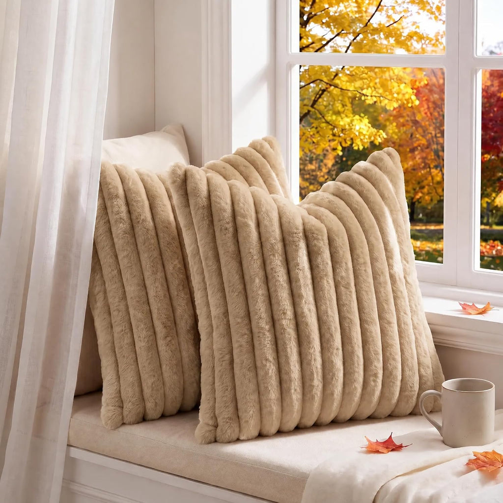 Set of 2 Decorative Throw Pillow Covers 20x20, Fall Faux Fur Khaki