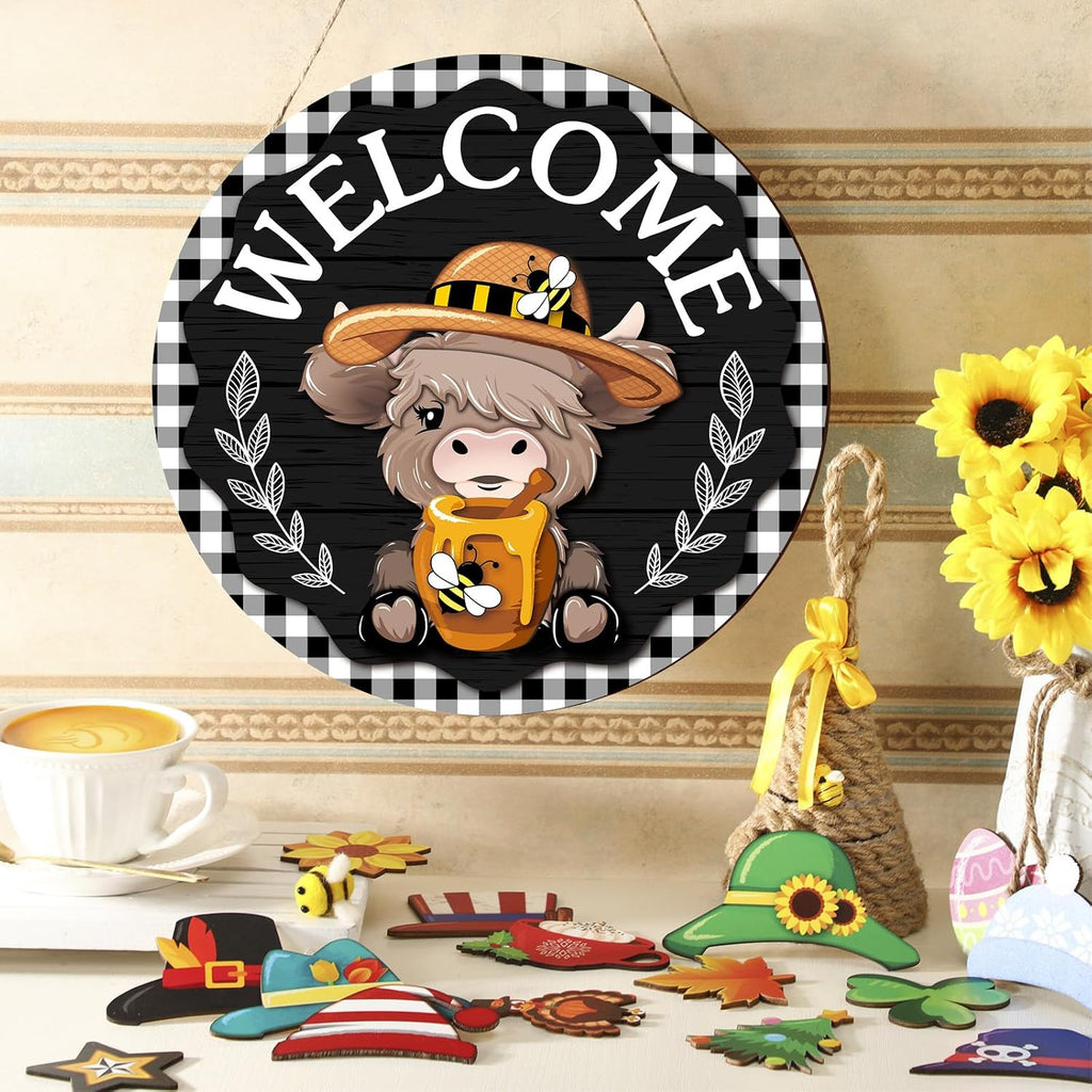 Vicenpal 35 Pcs Fall Interchangeable Highland Cow Welcome Sign, Plaid