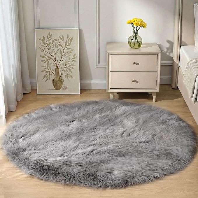Goolela Grey Round Rug 4ft Fluffy Circle Fuzzy Furry Carpet by Goolela