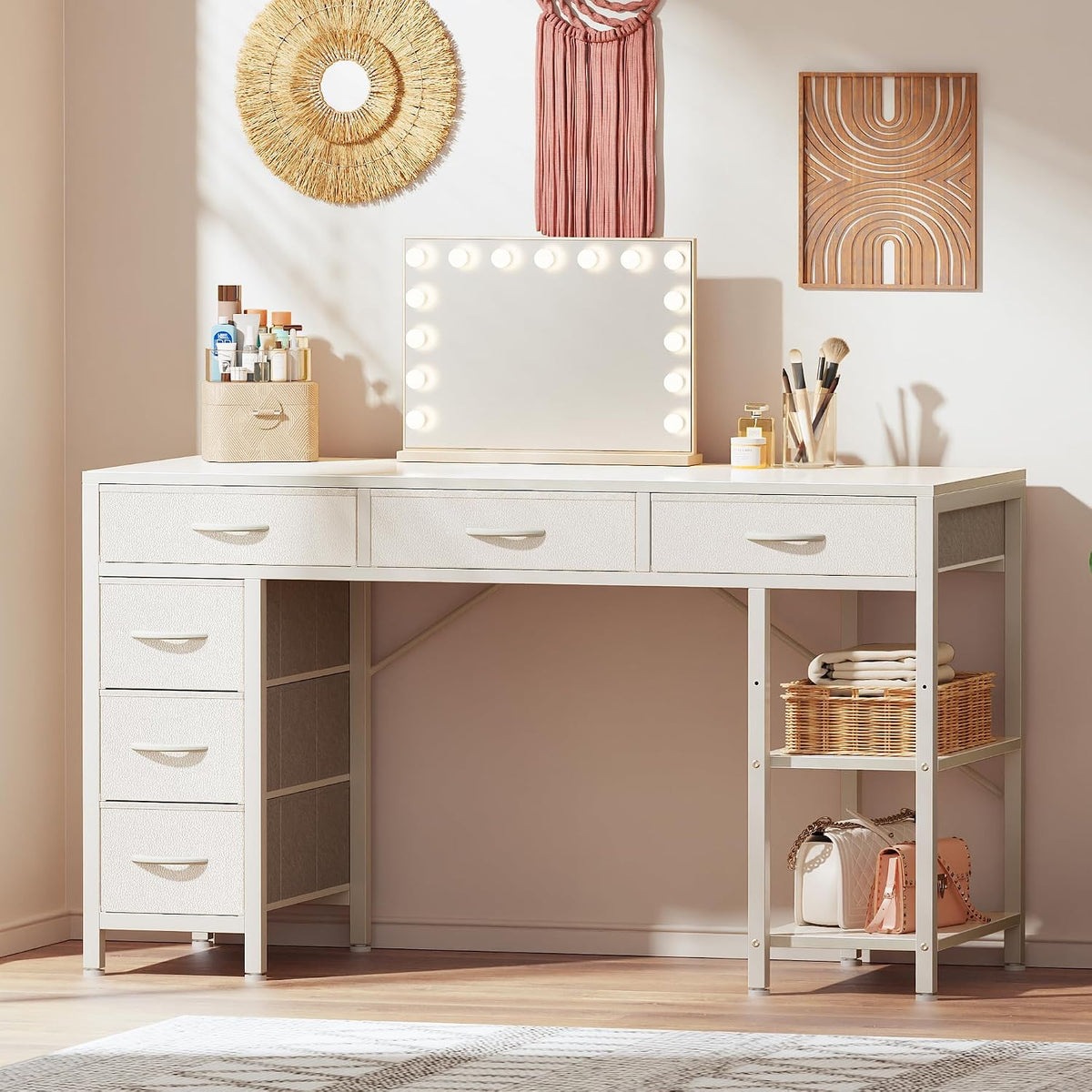 Huuger Computer Desk with 6 Drawers, Office Desk with Shelves, Reversible Gaming Desk, Corner Desk with Storage, Work for Home Office, Study, Living Room, 47inch, White