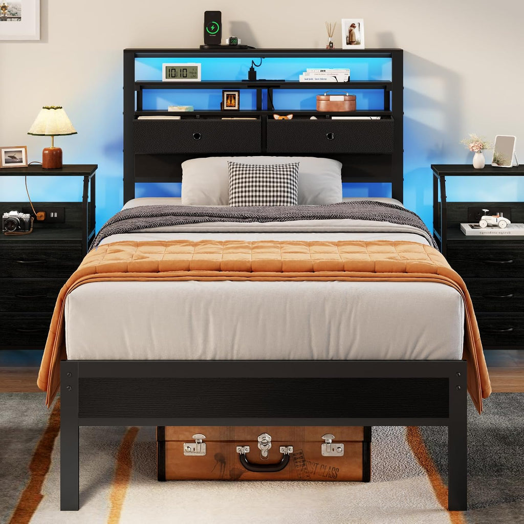 Furnulem Twin Bed Frames with Charging Station and LED Lights, Black Oak